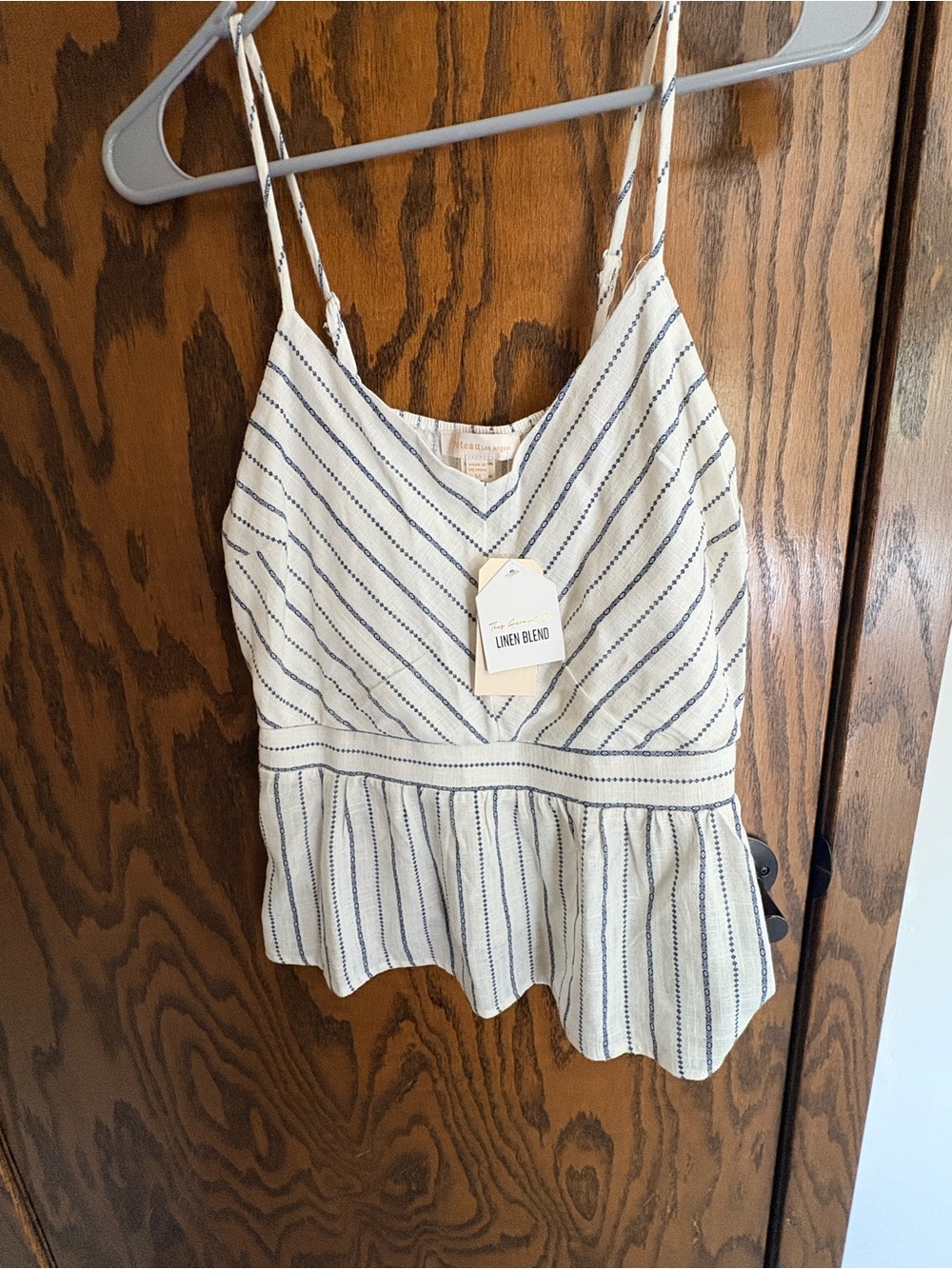 Linen Blend Striped Peplum Cami - White with Navy Stripes